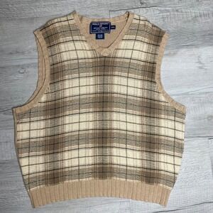 Polo Sport Sportsman Ralph Lauren Plaid Sweater Vest XXL Tan Linen Cotton Silk
